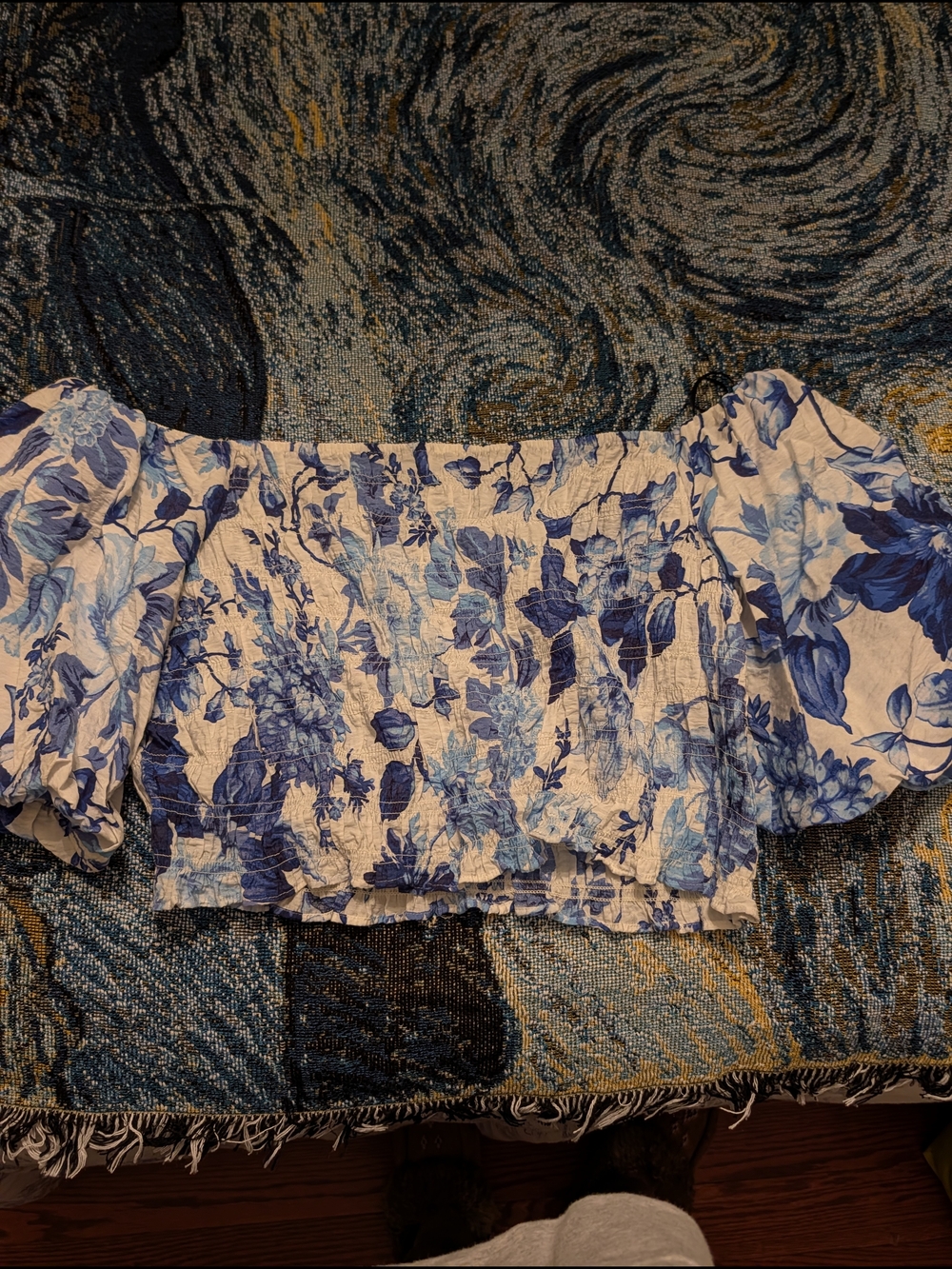 H&M Blue Floral Off-Shoulder Smocked Crop